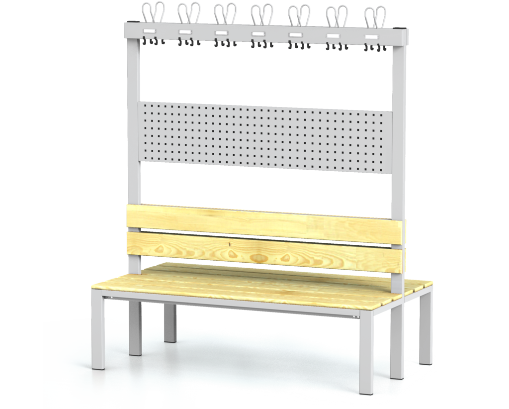 Oboustranná lavice s opěradlem a věšáky, smrkové latě - základní provedení 1800 x 1500 x 830